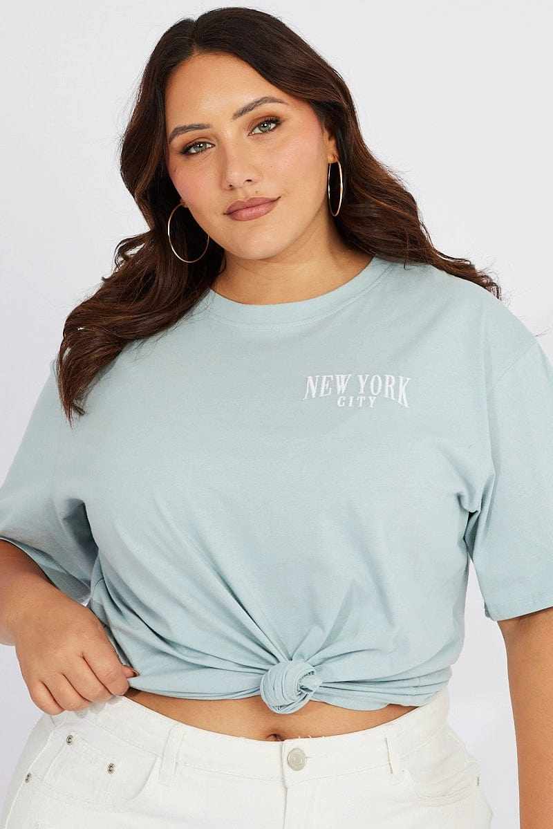 Blue Graphic T-shirt Short Sleeve Crew Neck Fashionable Option