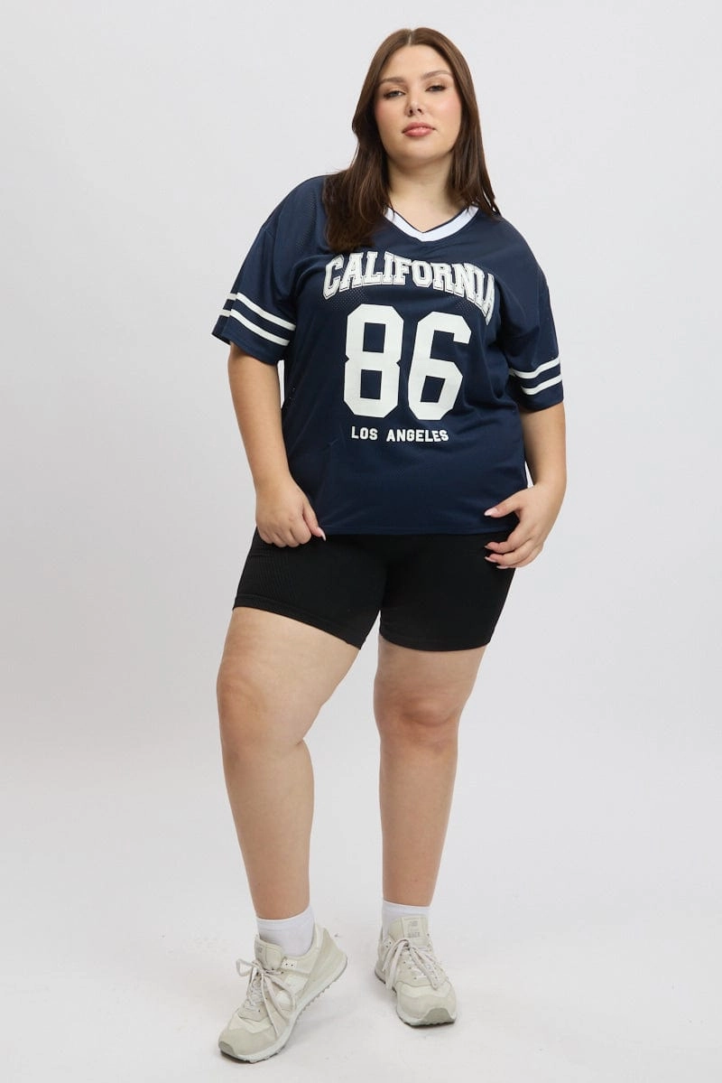 Breathable knit Blue Graphic Tee Short Sleeve V Neck