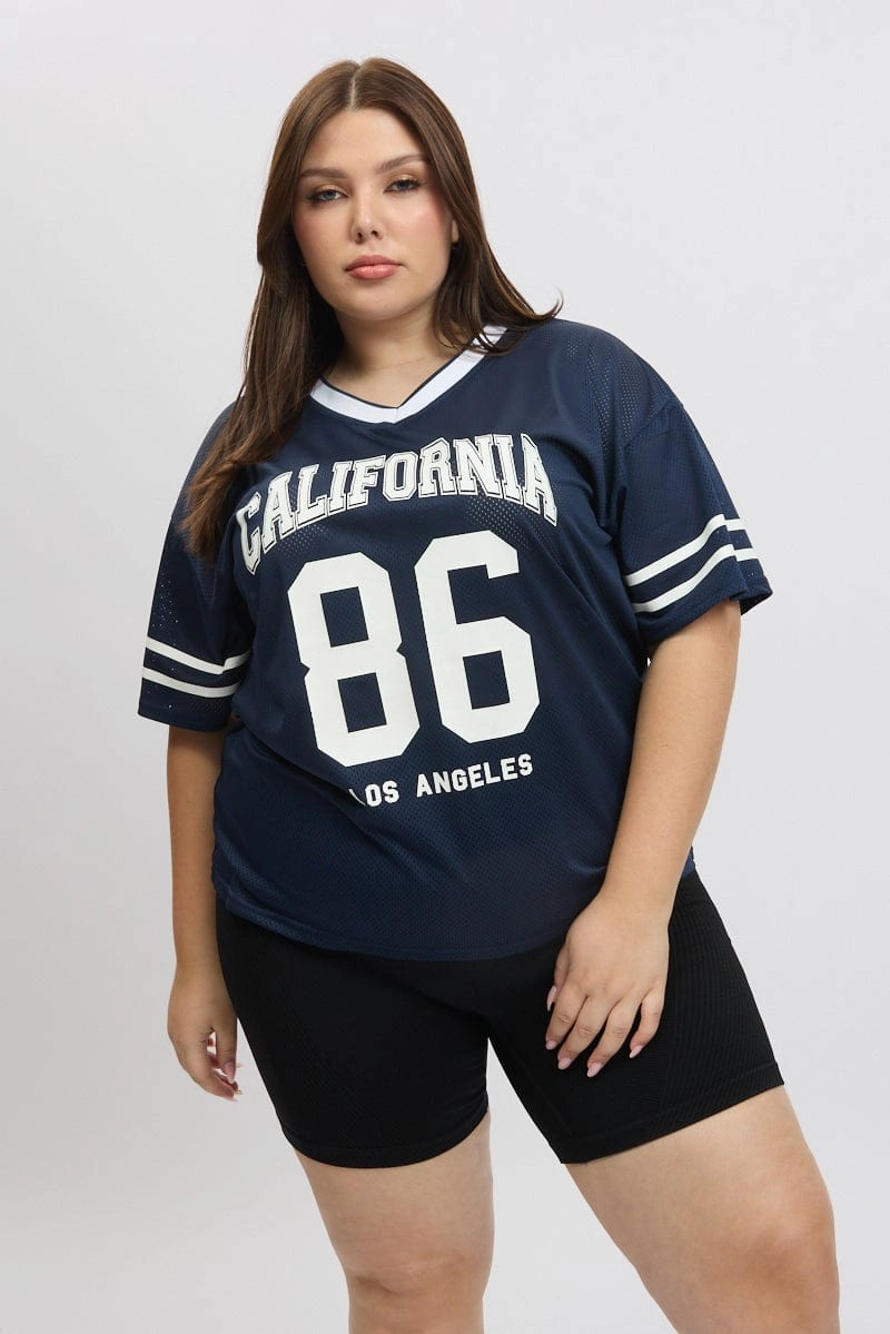 Blue Graphic Tee Short Sleeve V Neck Modern Layer