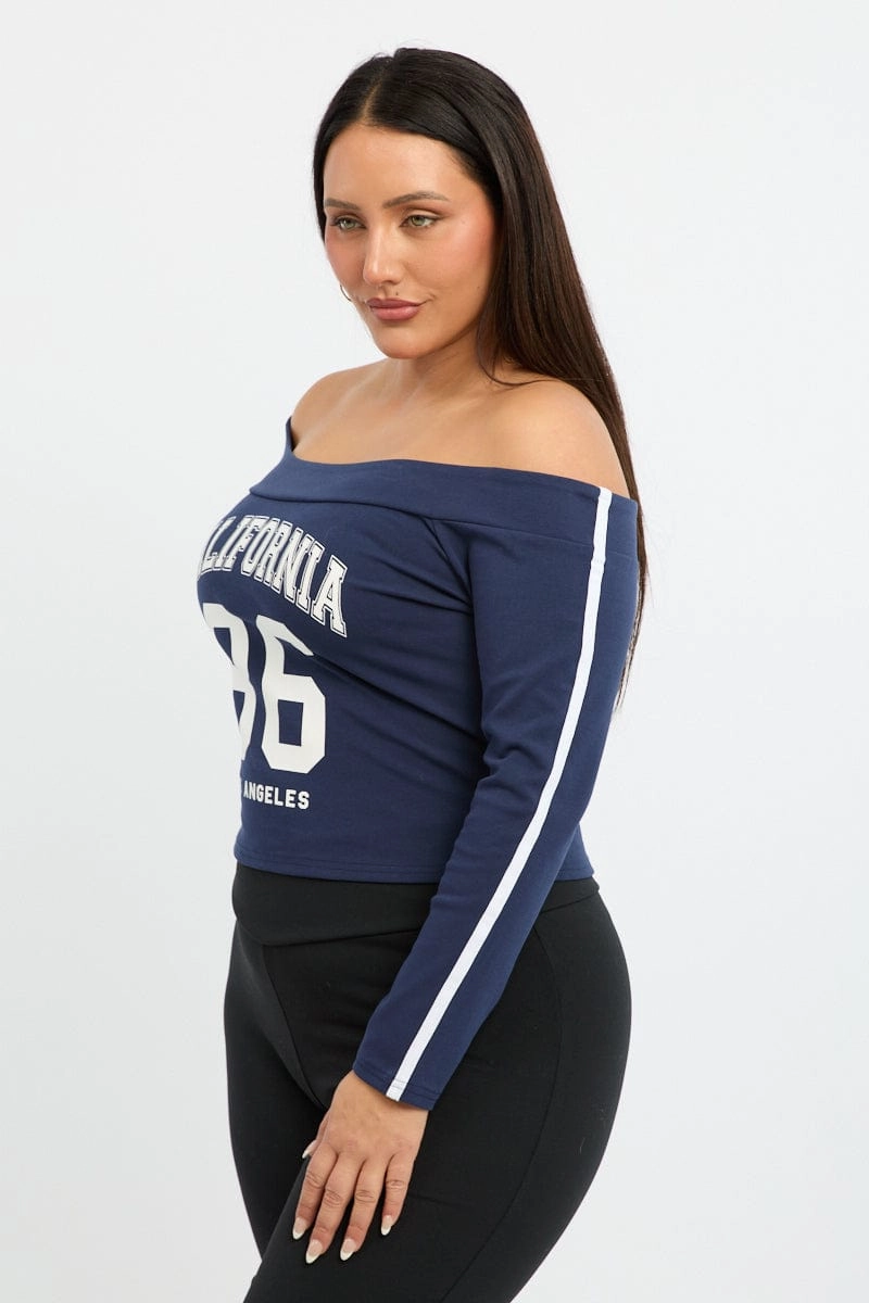 Blue Graphic Top Long Sleeve Day-to-Night Look Basic Piece