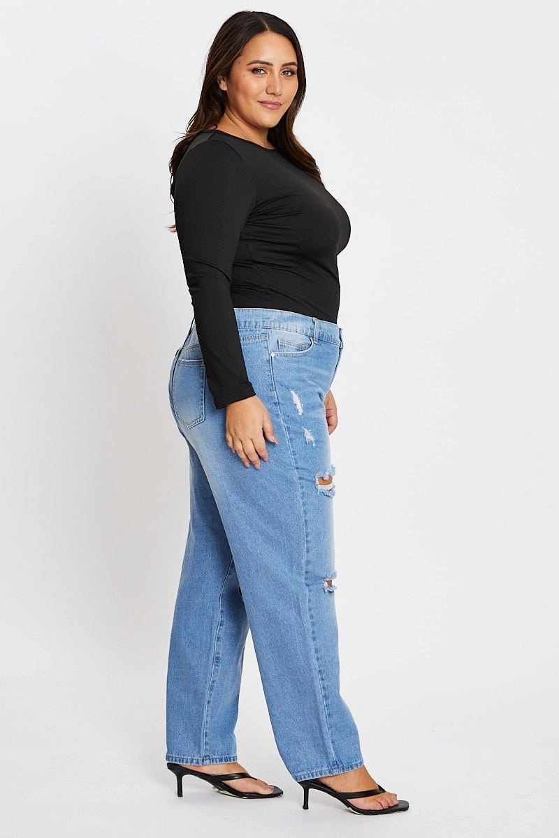 Blue High Rise Boyfriend Denim Jeans Elegant Vibrant Textured