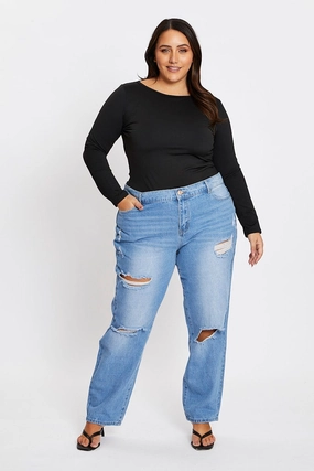 Blue High Rise Boyfriend Denim Jeans Contemporary Waist