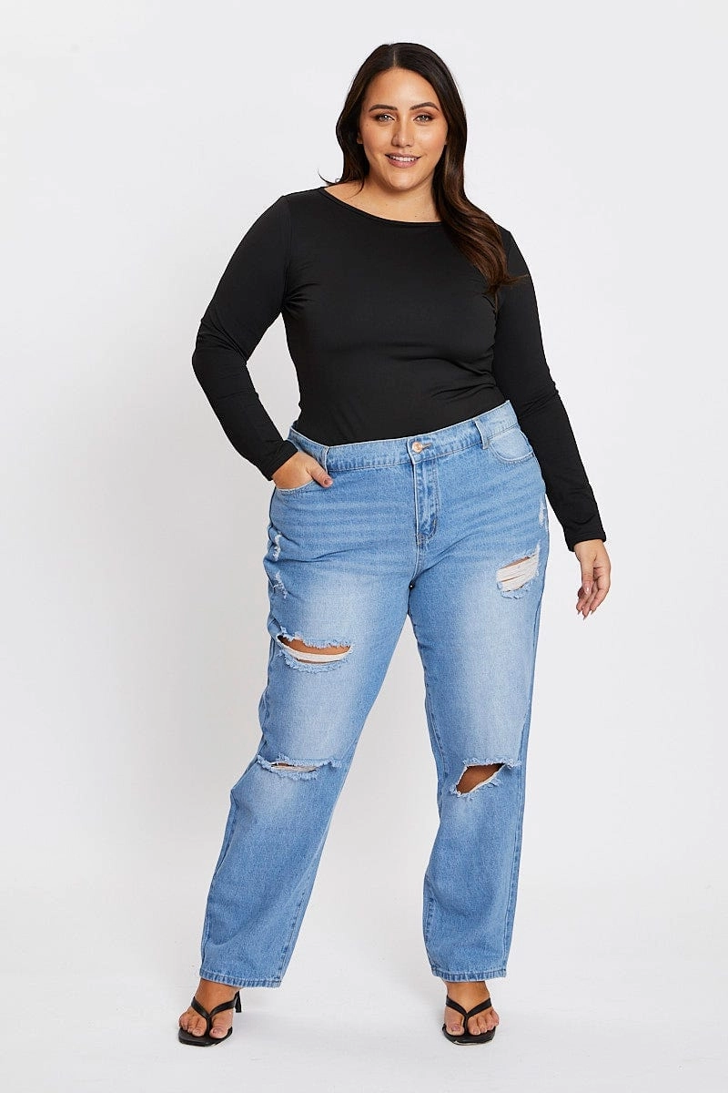 Blue High Rise Boyfriend Denim Jeans Contemporary Waist