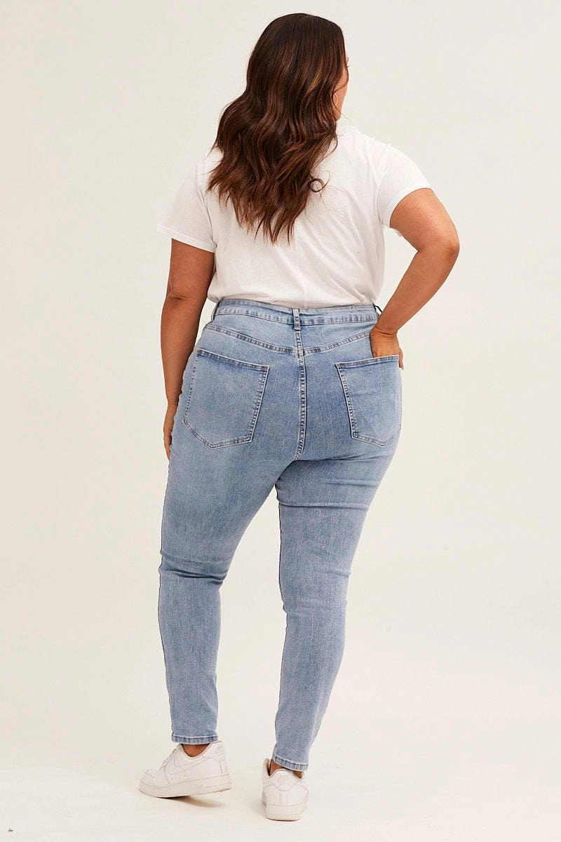 Blue High Rise Knee Distress Stretch Skinny Denim Jeans Street Smart Sleek Waist Design