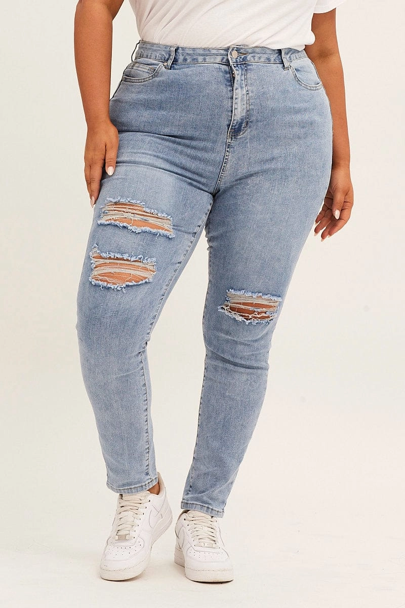 Adjustable Belt Loops Blue High Rise Knee Distress Stretch Skinny Denim Jeans