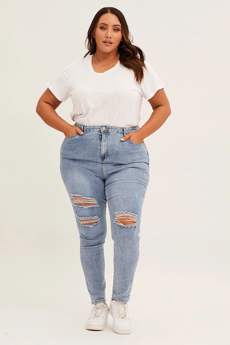 Blue High Rise Knee Distress Stretch Skinny Denim Jeans Home Comfort Weekend Warrior