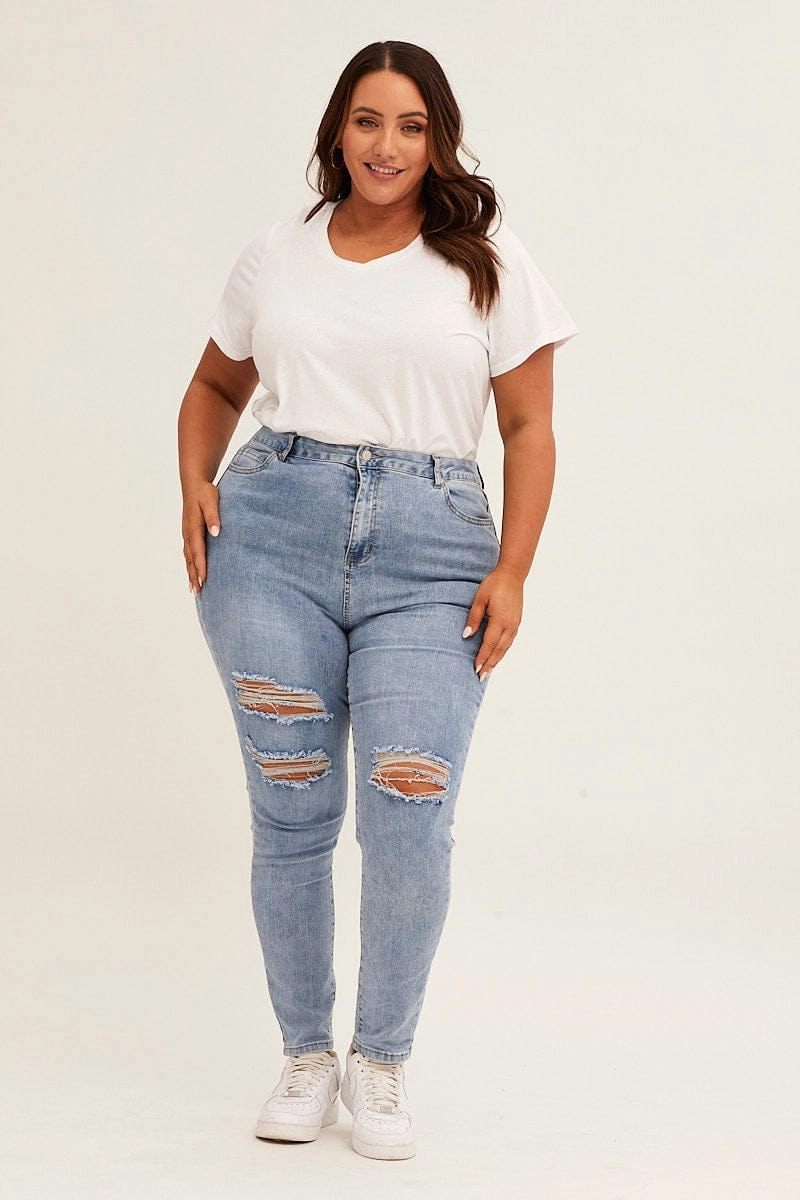 Blue High Rise Knee Distress Stretch Skinny Denim Jeans Any Occasion Vintage Inspired Weave