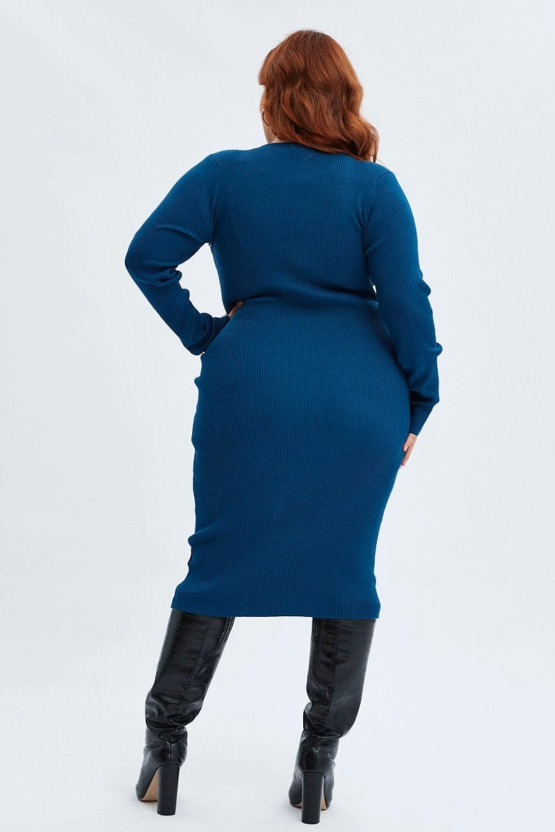 Blue Knit Dress Cutout Shoulder Midi Rib Quick Elegance Stylish Waist Fit
