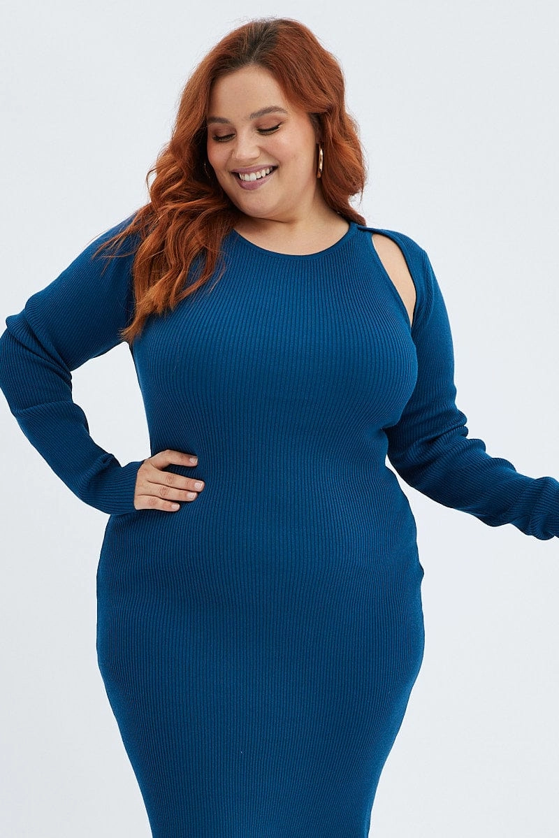 Noble Aura Layered Comfort Wear Blue Knit Dress Cutout Shoulder Midi Rib