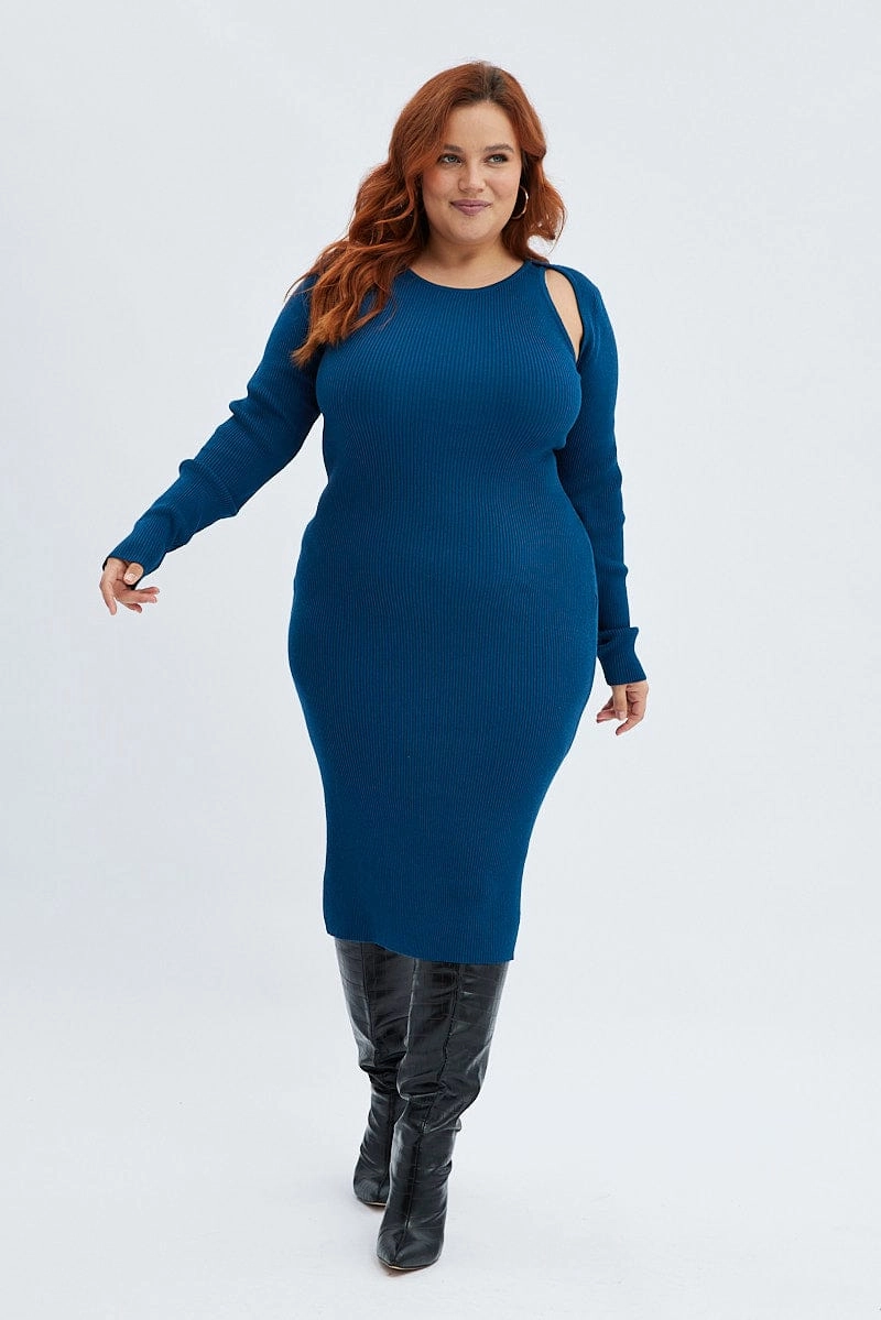 Blue Knit Dress Cutout Shoulder Midi Rib Outfit Core Casual Motion