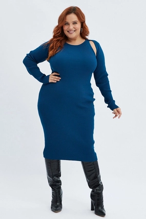 Blue Knit Dress Cutout Shoulder Midi Rib Comfy Comfort Inner Smile