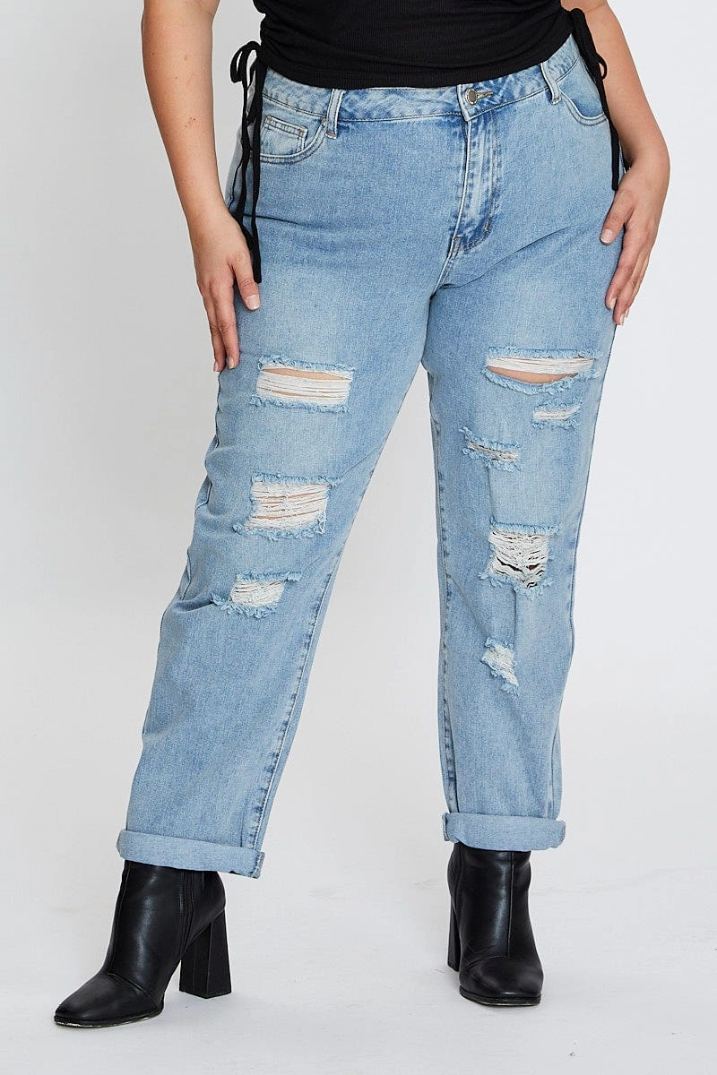 Straight Leg Design Slim Vintage Lover Blue Mid Rise Boyfriend Denim Jeans