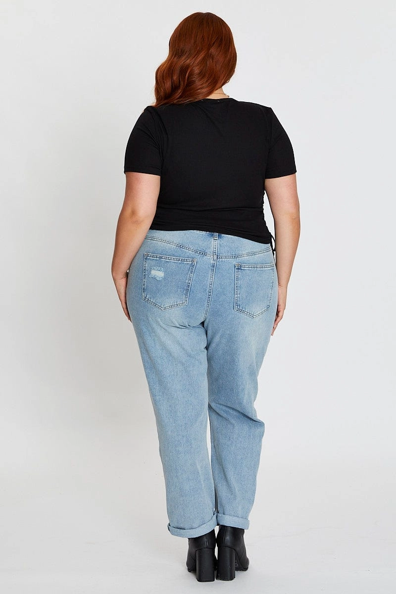 Blue Mid Rise Boyfriend Denim Jeans Youth Style Stylish Road Trip Modern Silhouette