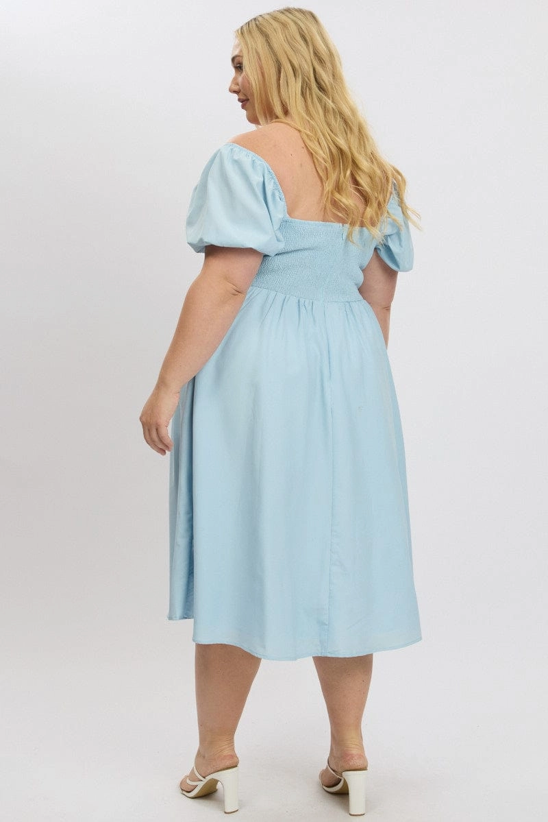 Blue Midi Dress Short Sleeve Ruched Bust Embroidered Fabric Edge Shape