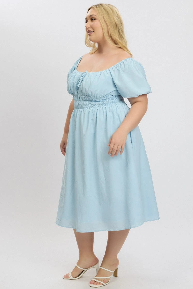 Comfortable Wear Blue Midi Dress Short Sleeve Ruched Bust