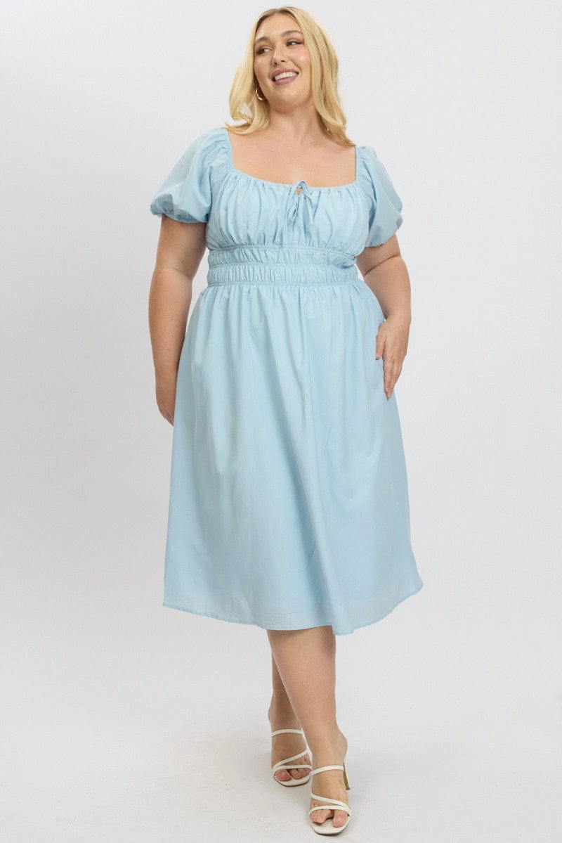Sophisticated Waist Fit Timeless office dress Blue Midi Dress Short Sleeve Ruched Bust