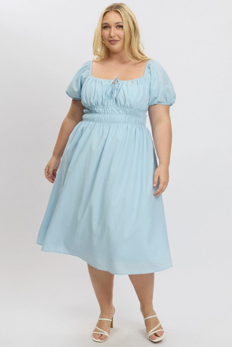 Light Blend Pleat Breeze Blue Midi Dress Short Sleeve Ruched Bust
