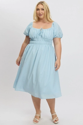 Light Blend Pleat Breeze Blue Midi Dress Short Sleeve Ruched Bust