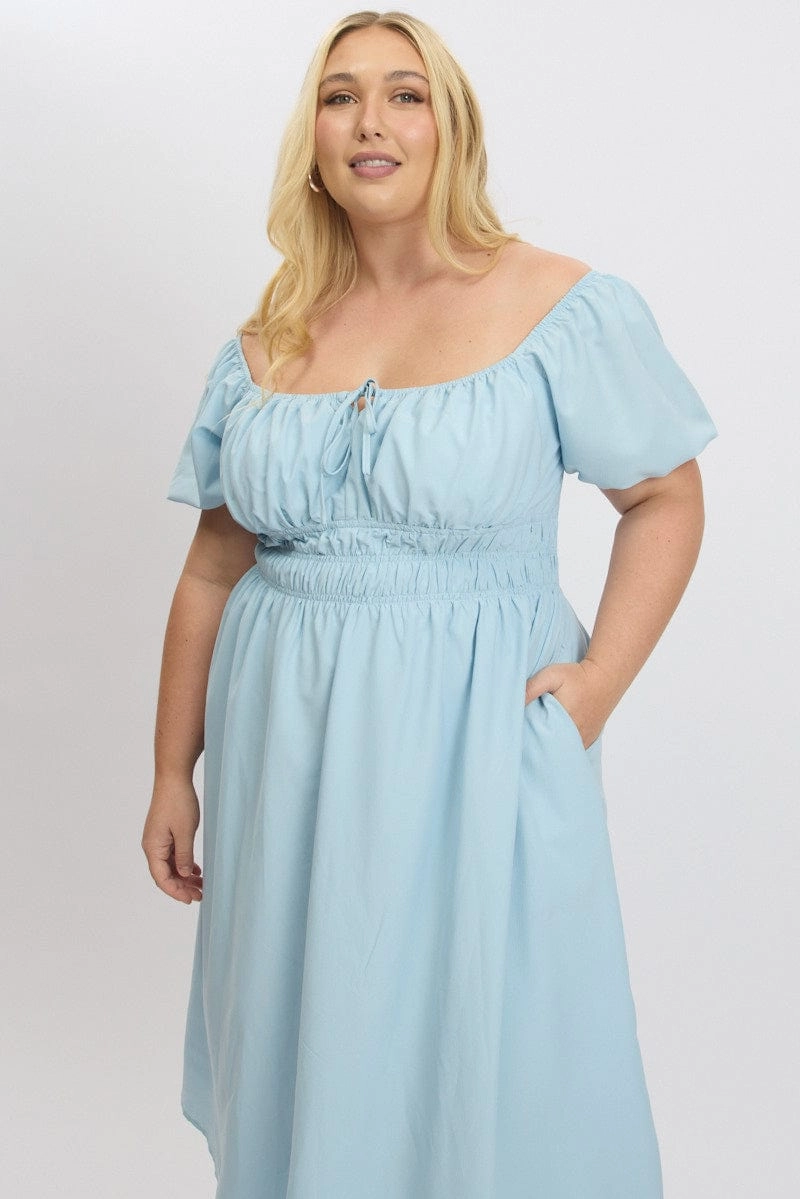 Blue Midi Dress Short Sleeve Ruched Bust LightweightMaterial