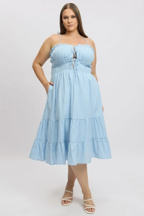 Blue Midi Dress Sleeveless Tie Front Tiered Textured Elegant Charm