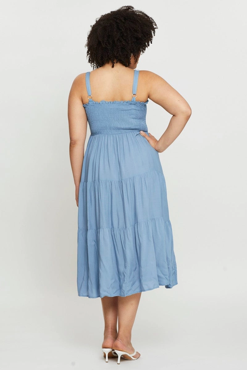 Whimsical Mood Blue Midi Dress Square Neck Sleeveless