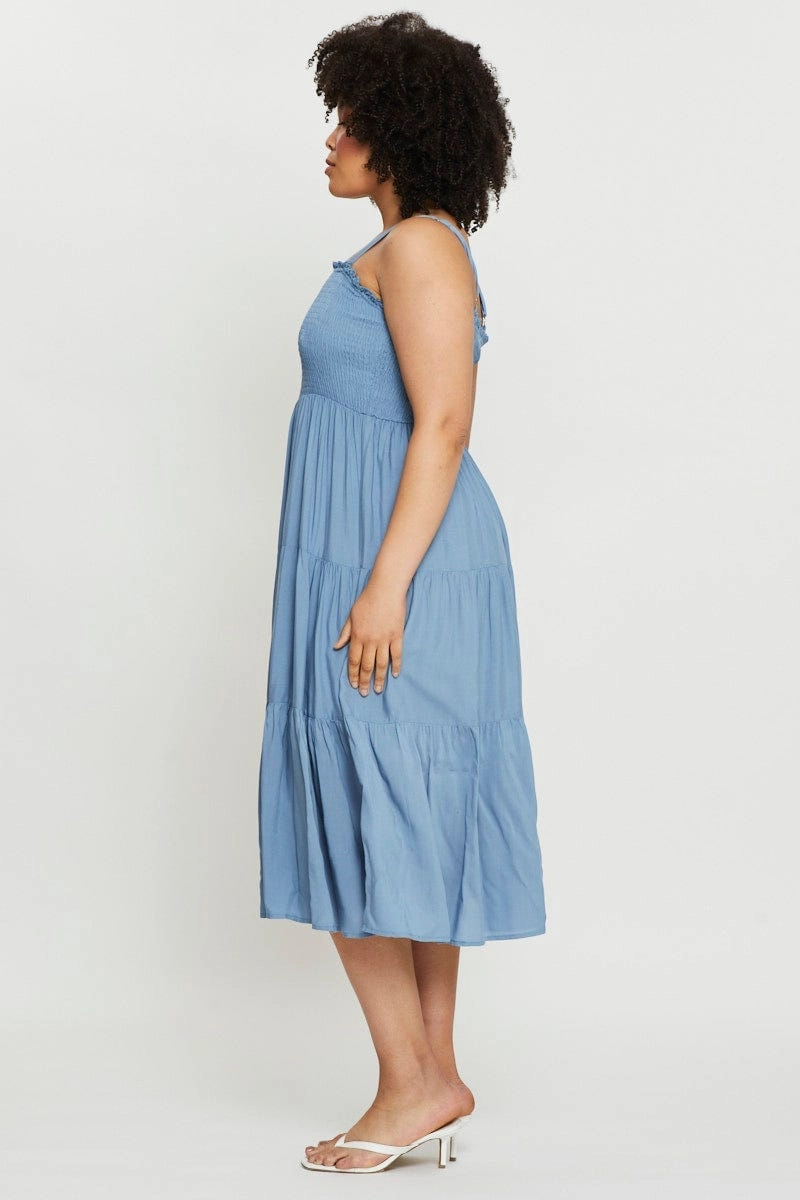 Blue Midi Dress Square Neck Sleeveless Garden Fresh Vibrant Waist