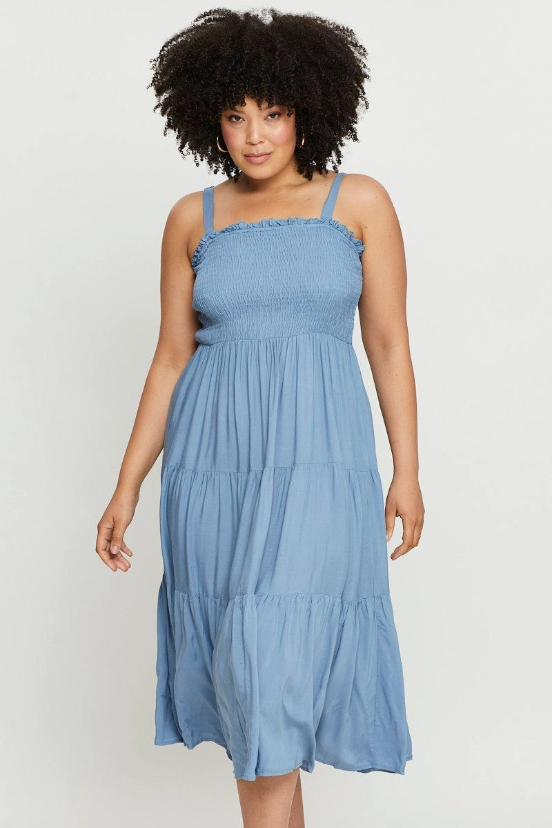Blue Midi Dress Square Neck Sleeveless Sophisticated Tailoring Basic Warm