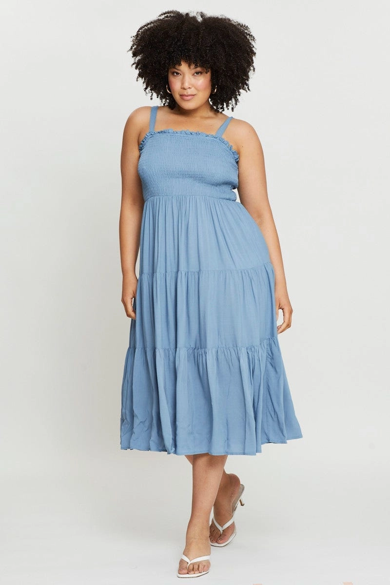 Blue Midi Dress Square Neck Sleeveless Light Sheen