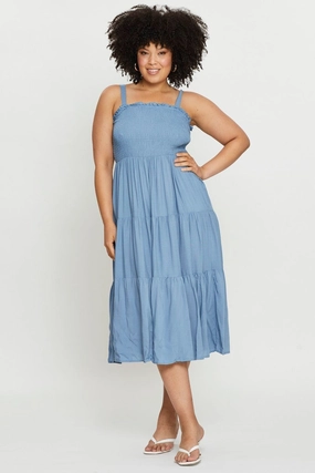 Blue Midi Dress Square Neck Sleeveless Sleek Vibe