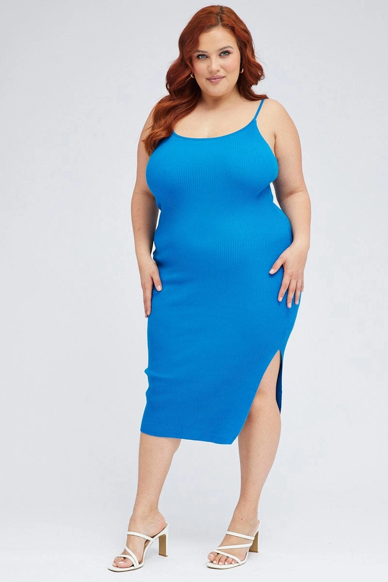 Blue Midi Knit Bodycon Dress Scoop Neck Sleeveless Lace Ease Smooth Tone
