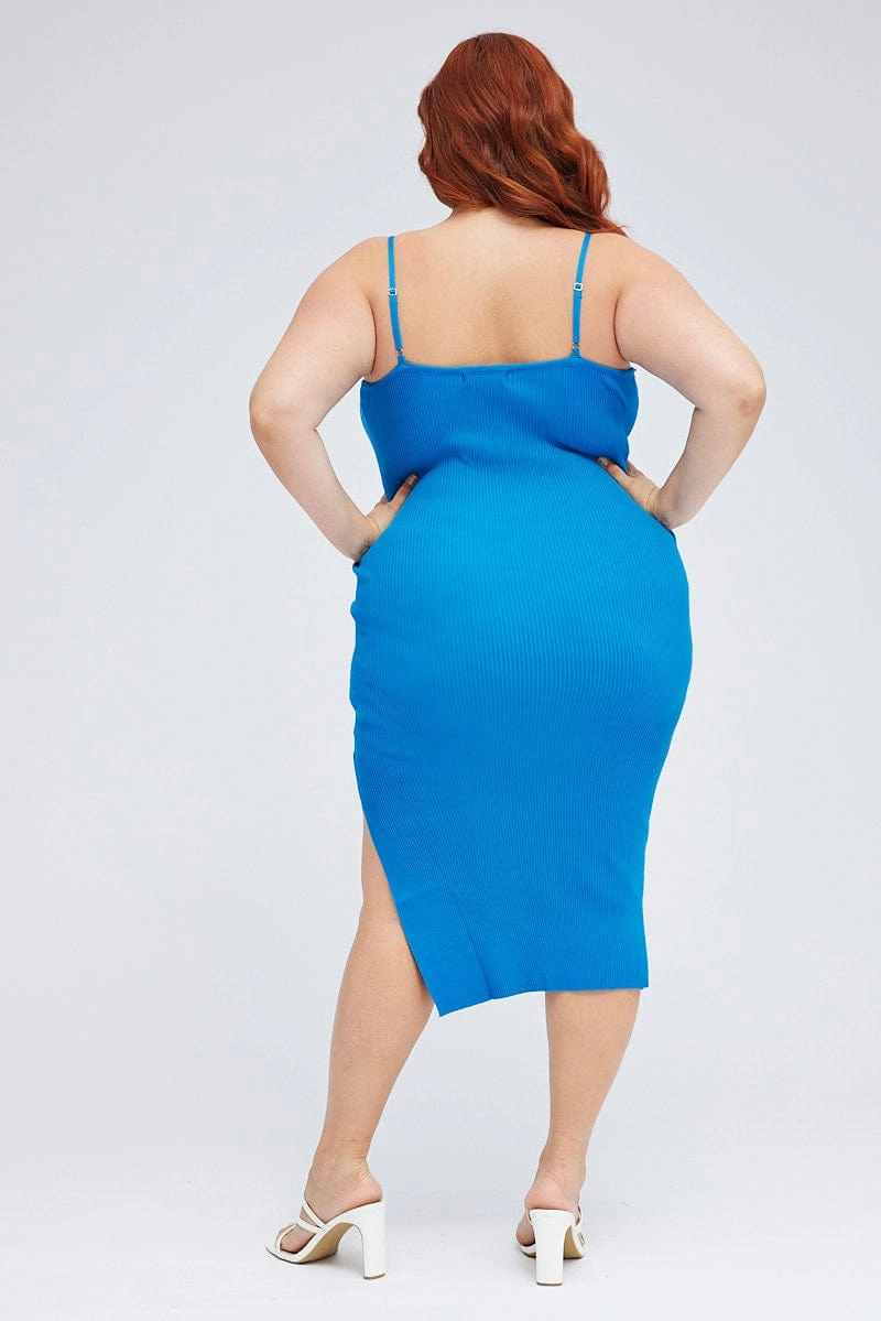 Slim Shape Style focused Blue Midi Knit Bodycon Dress Scoop Neck Sleeveless