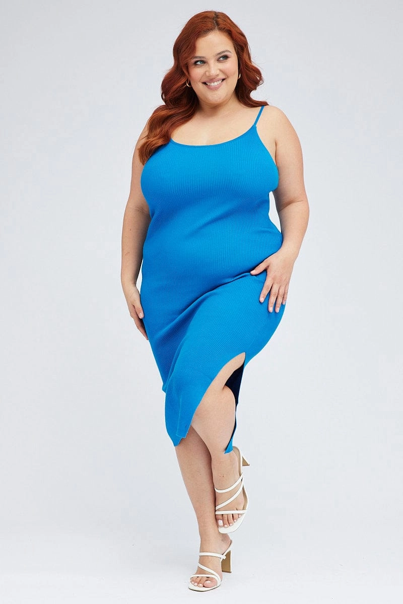 Blue Midi Knit Bodycon Dress Scoop Neck Sleeveless Satin-Sleeve