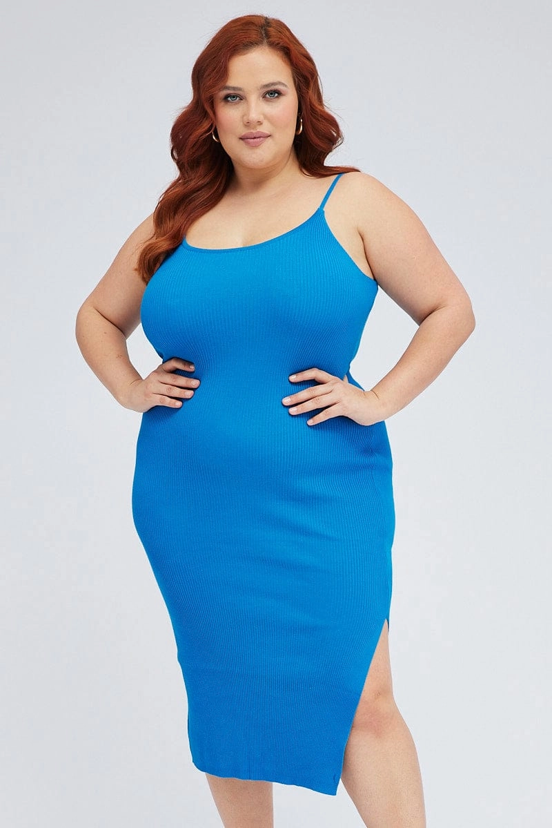 Bold colors Stretchable Blue Midi Knit Bodycon Dress Scoop Neck Sleeveless