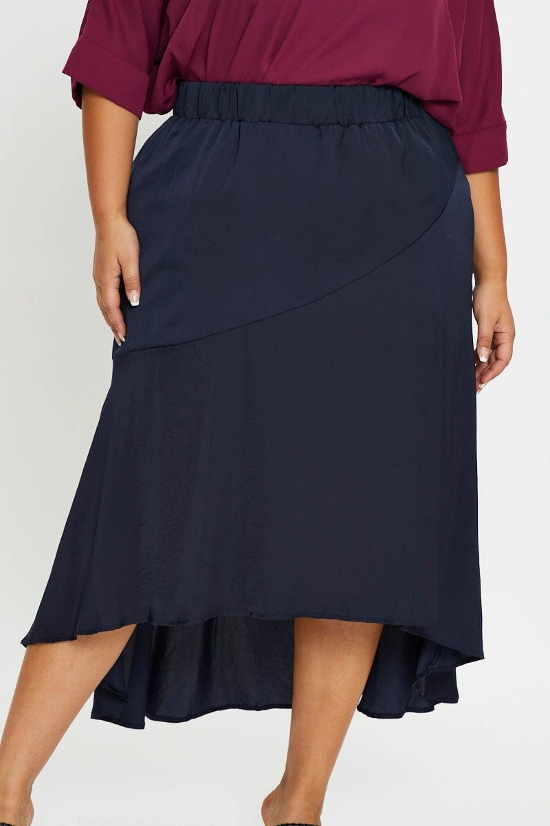 Split hem Blue Midi Satin Skirt