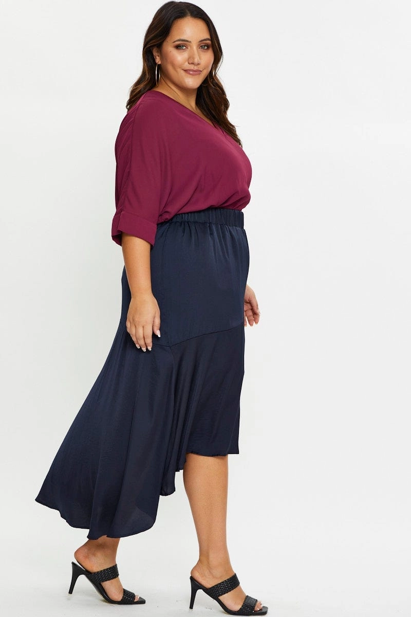 Blue Midi Satin Skirt Crisscross Back