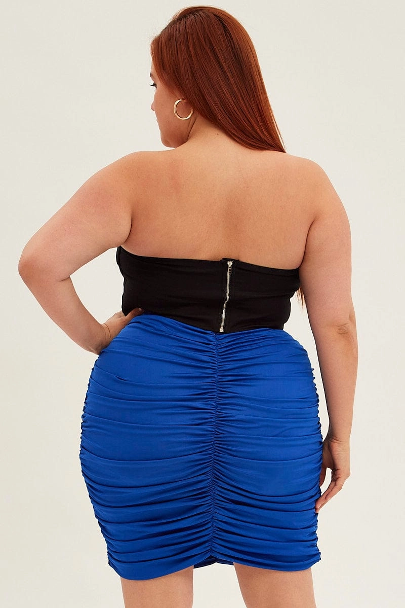 Blue Mini Skirt Ruched Draped Design Mid Rise