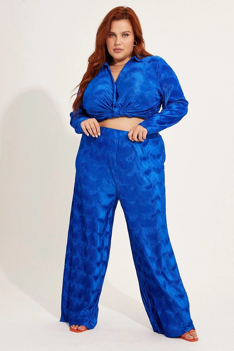 Blue Plisse Pants Wide Leg High Rise Sporty Look