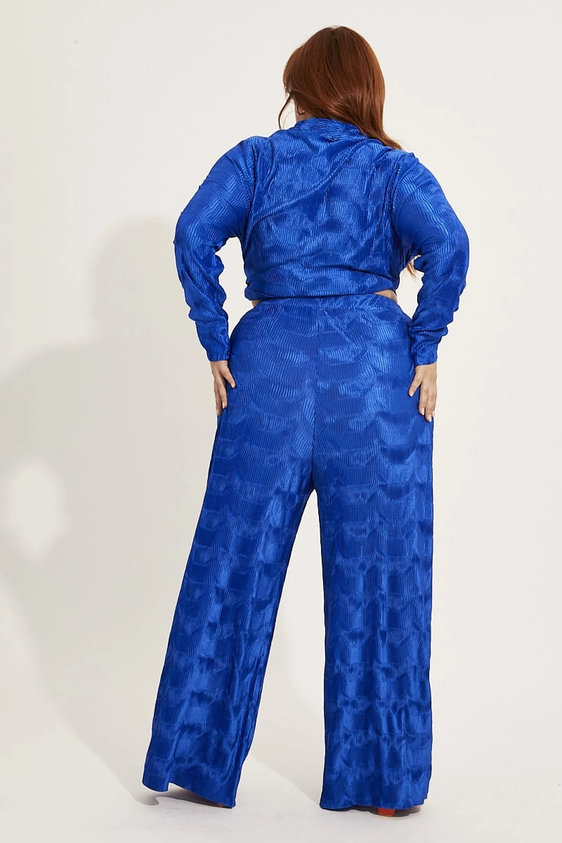 Smooth Texture Casual Office Blue Plisse Pants Wide Leg High Rise