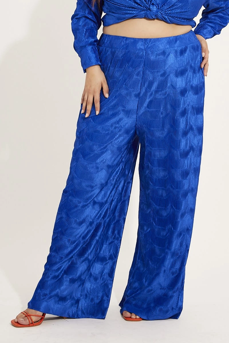 Neutral Fit Blue Plisse Pants Wide Leg High Rise