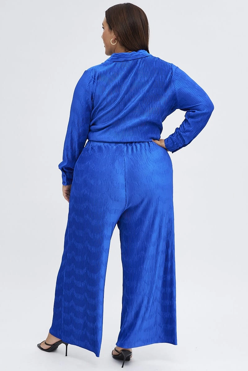 MultiPocketDesign Blue Plisse Pants Wide Leg High Rise