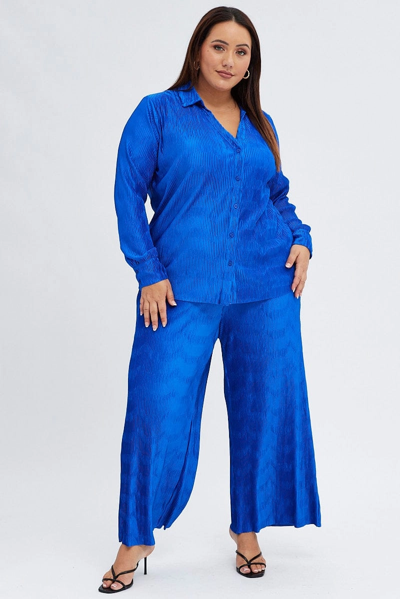SoftCottonBlend Core Stretch Blue Plisse Pants Wide Leg High Rise