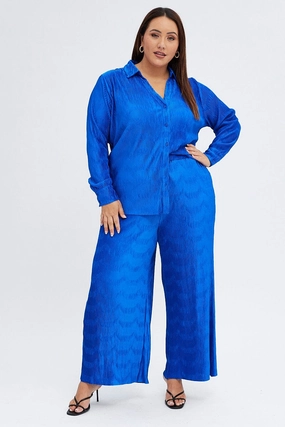 Blue Plisse Pants Wide Leg High Rise Tapered leg Relaxed Comfort Fit