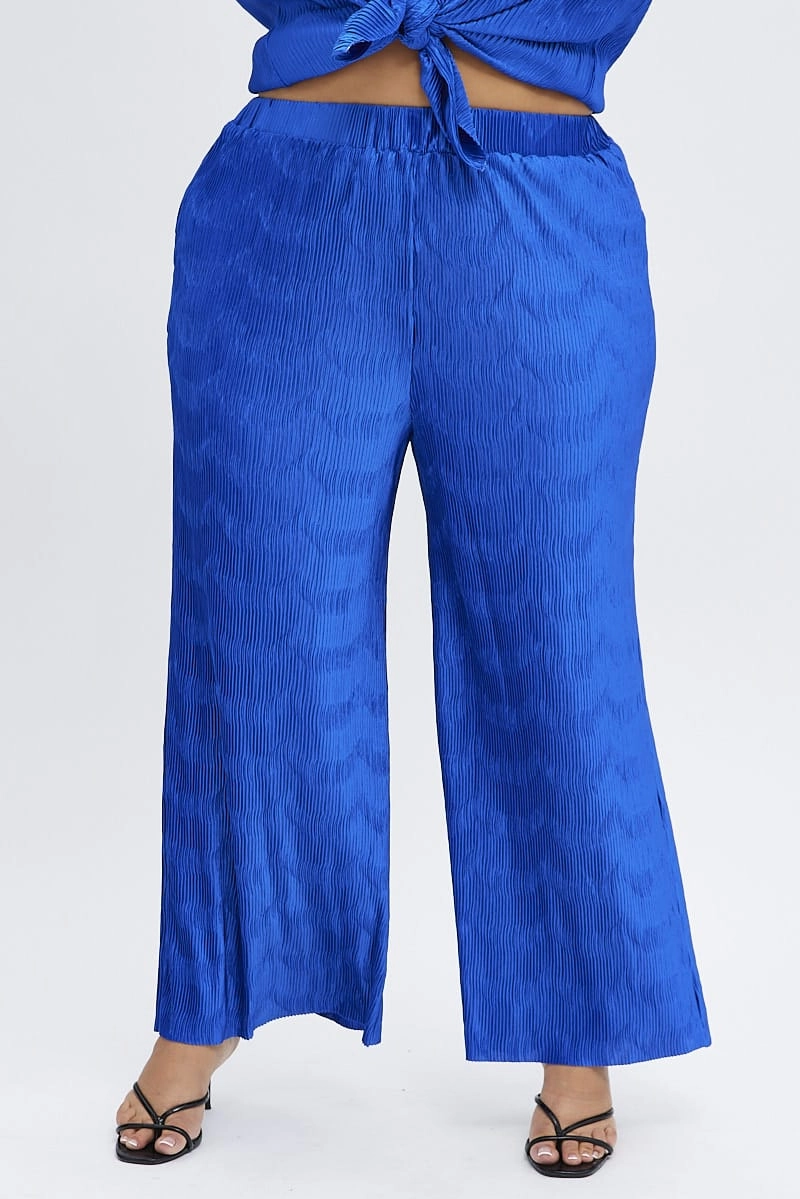 Blue Plisse Pants Wide Leg High Rise Non Binding Waist