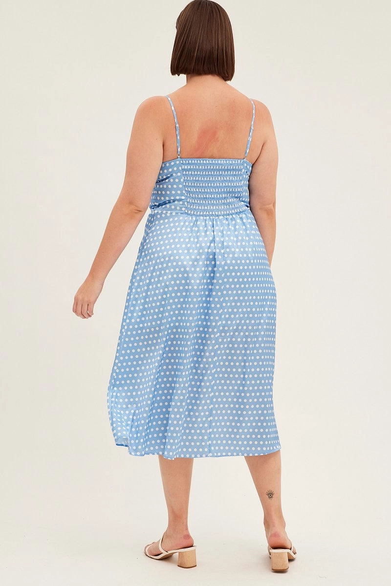 Polished and Elegant Relaxed day dress Blue Polka Dot Midi Dress Strappy Front Split Satin