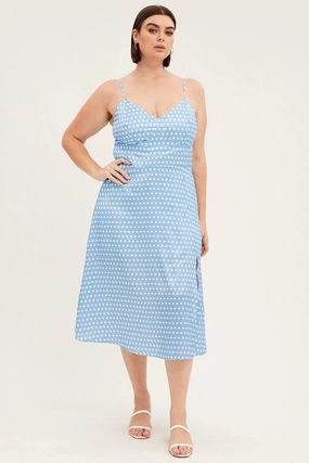 Blue Polka Dot Midi Dress Strappy Front Split Satin Travel Vibe Smooth Vibes