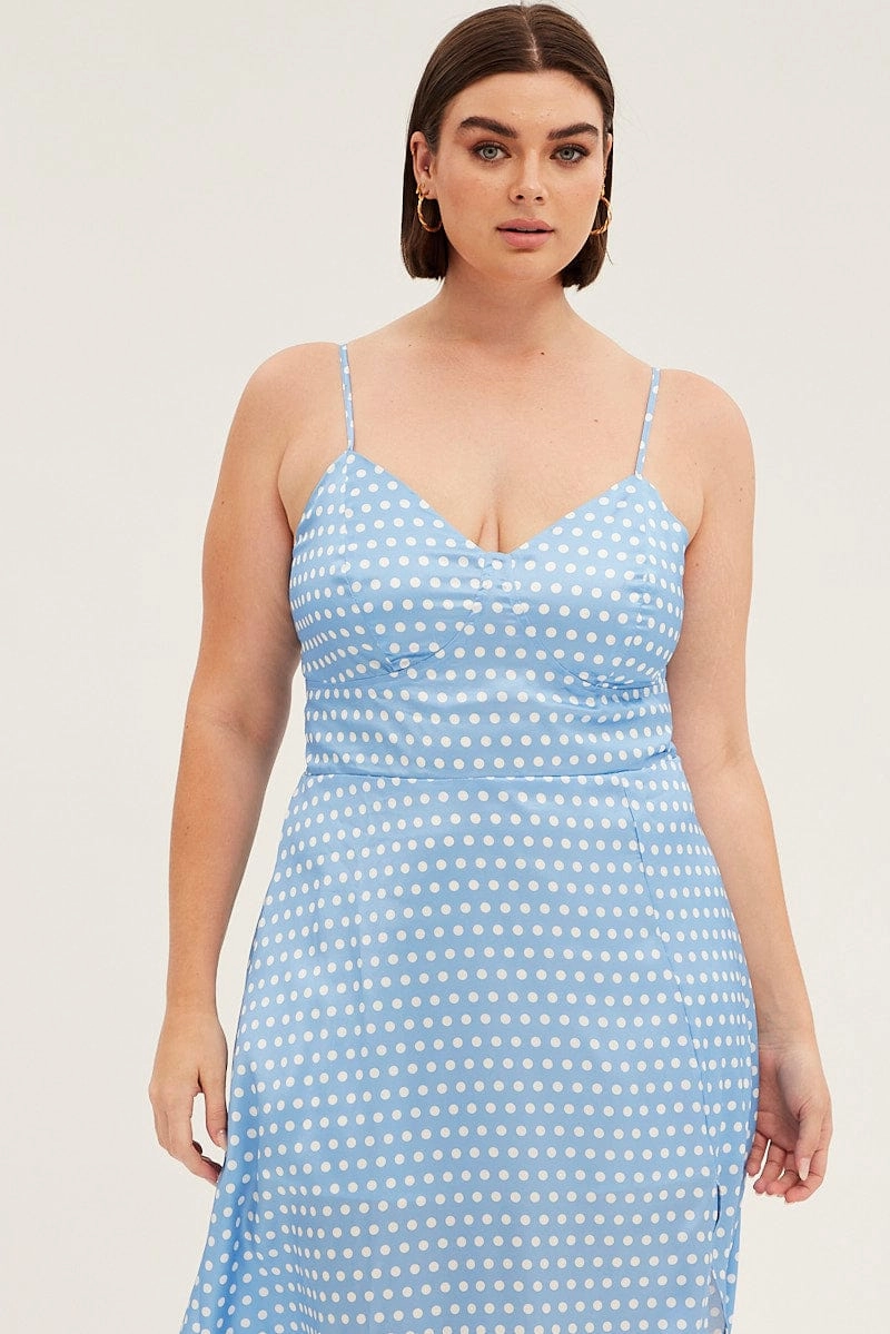 Daily Essential Sleek Comfort Blue Polka Dot Midi Dress Strappy Front Split Satin