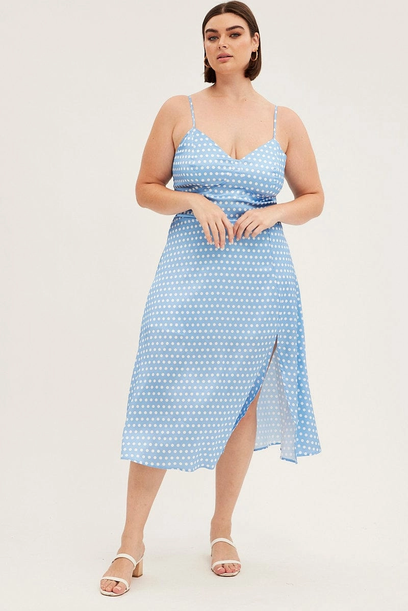 Blue Polka Dot Midi Dress Strappy Front Split Satin Flattering Waist Design Fit boho vibe