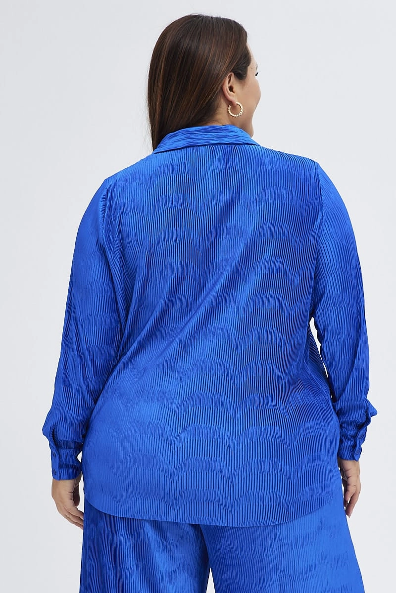 High-Quality Fabric Active Fit Blue Relaxed Shirt Long Sleeve Plisse