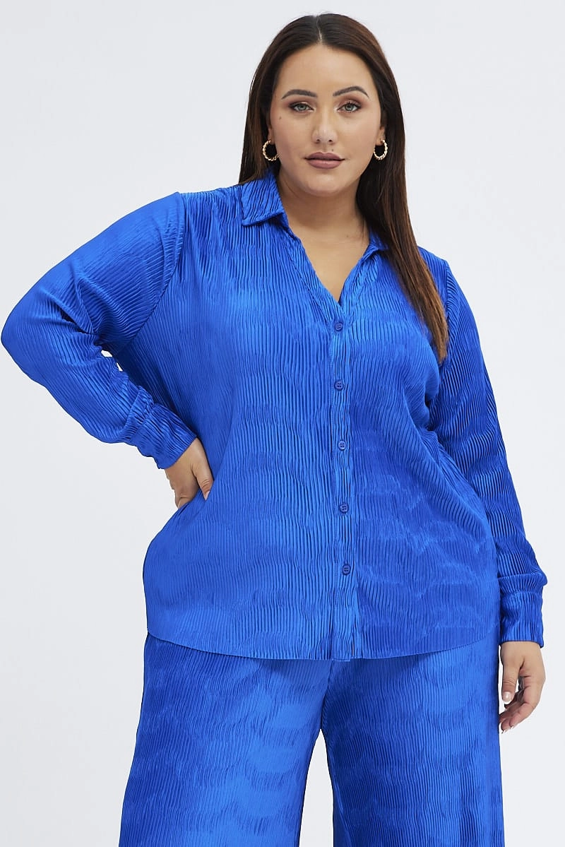 Bold Prints Street Style Blue Relaxed Shirt Long Sleeve Plisse