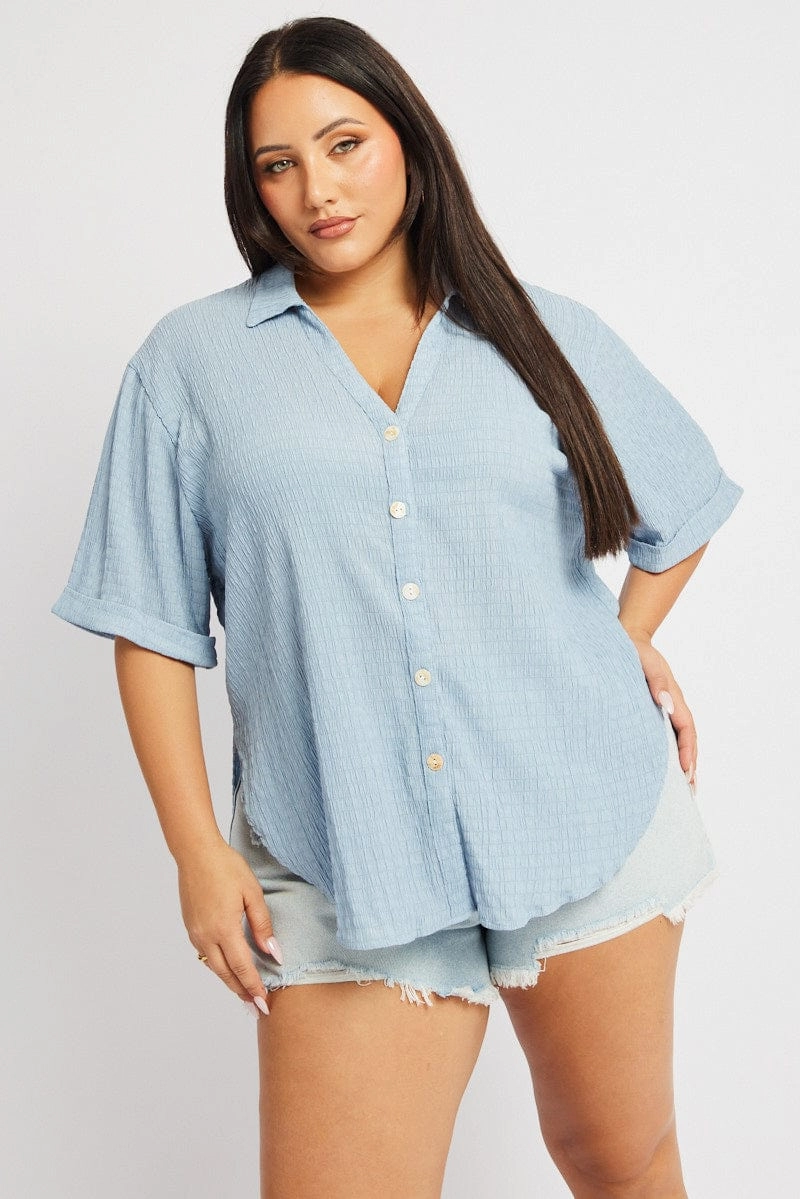 Blue Relaxed Shirt Short Sleeve Textured Designer Touch Party Ready